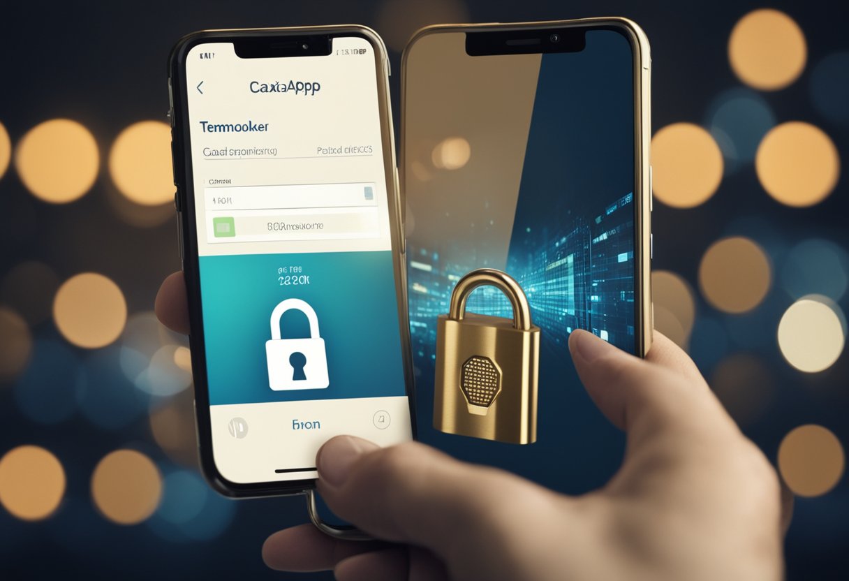 Uma pessoa usando um smartphone para acessar o aplicativo Caixa Tem, com um símbolo de cadeado e uma nova senha sendo digitada.