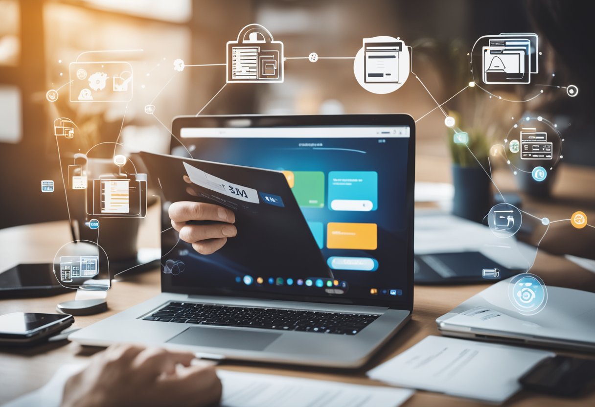 Uma pessoa sentada em uma mesa com um laptop, inserindo uma nova senha no aplicativo Caixa Tem, cercada por papéis e um telefone.
