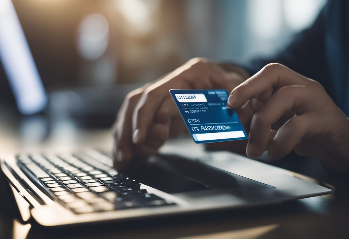 Uma pessoa acessando um computador, clicando na opção "Mudar Senha" e inserindo uma nova senha para seu cartão de cidadão.