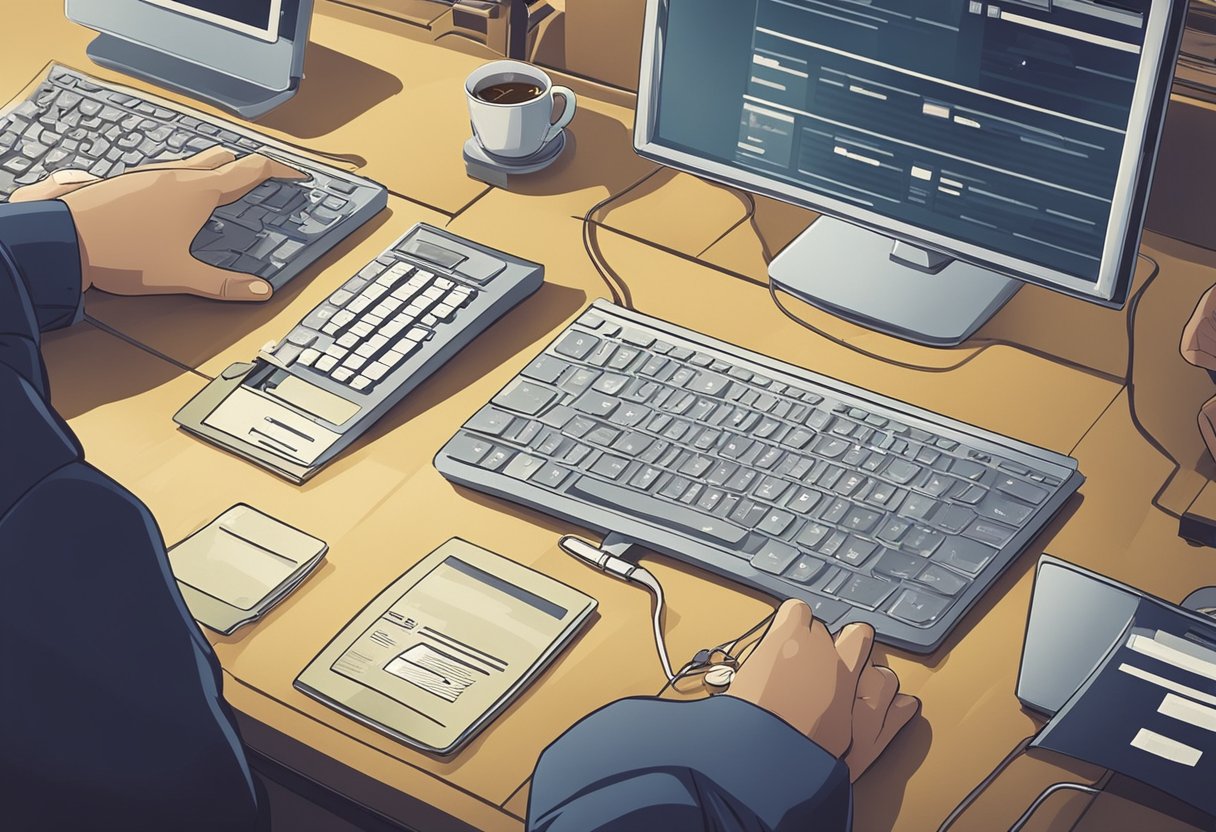 Uma pessoa usando um computador para acessar um site do governo, inserindo a senha atual e criando uma nova senha para seu cartão de cidadão.