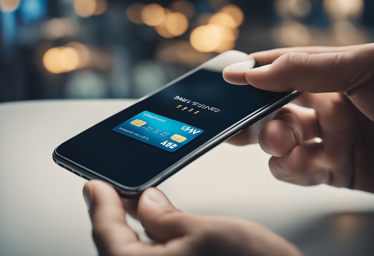 Uma mão segurando um cartão bancário e um smartphone, com a tela exibindo a opção de alteração de senha para uma conta poupança.