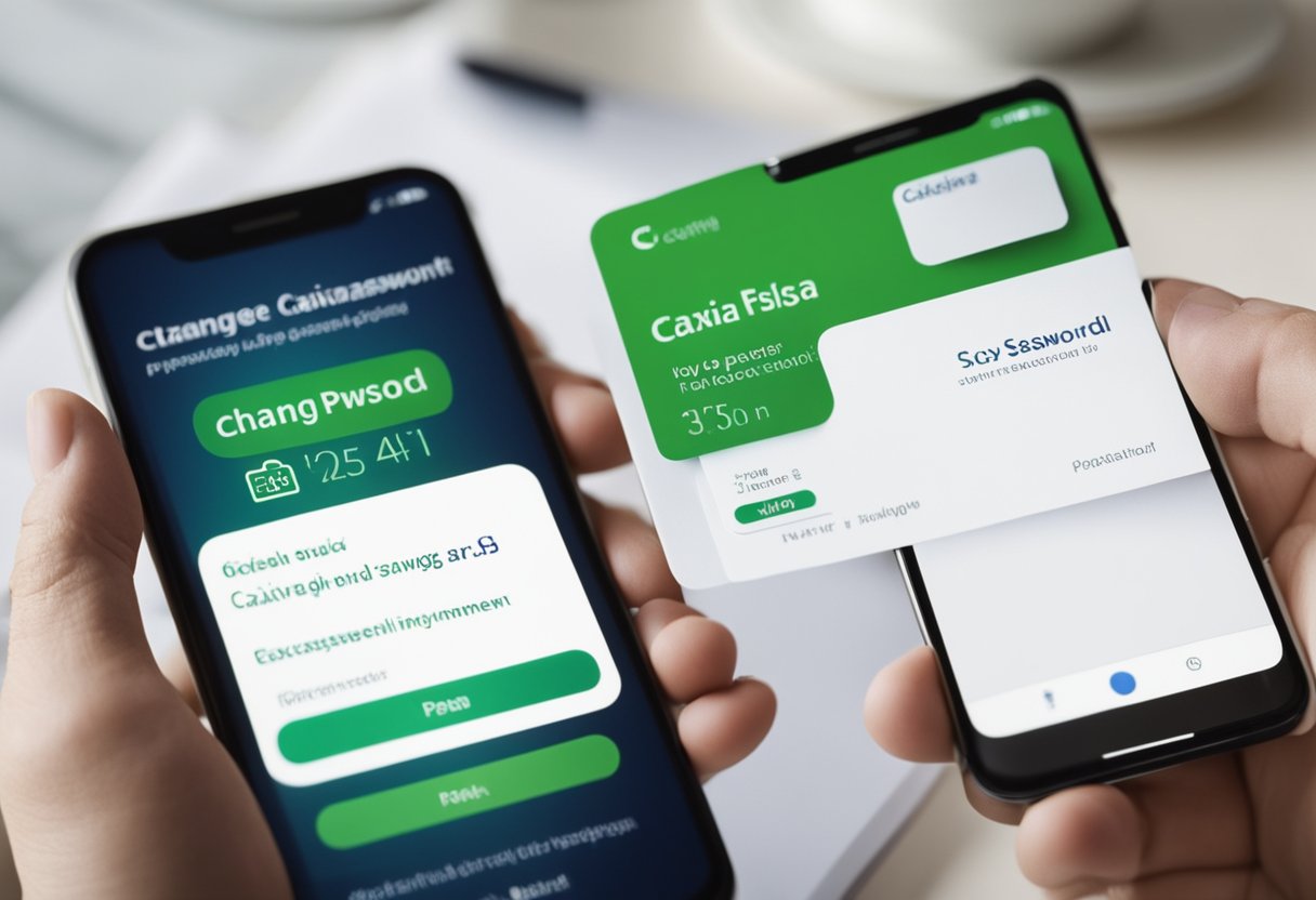 Uma pessoa acessando um aplicativo móvel para alterar a senha do seu cartão de poupança da Caixa, em um ambiente seguro e privado.