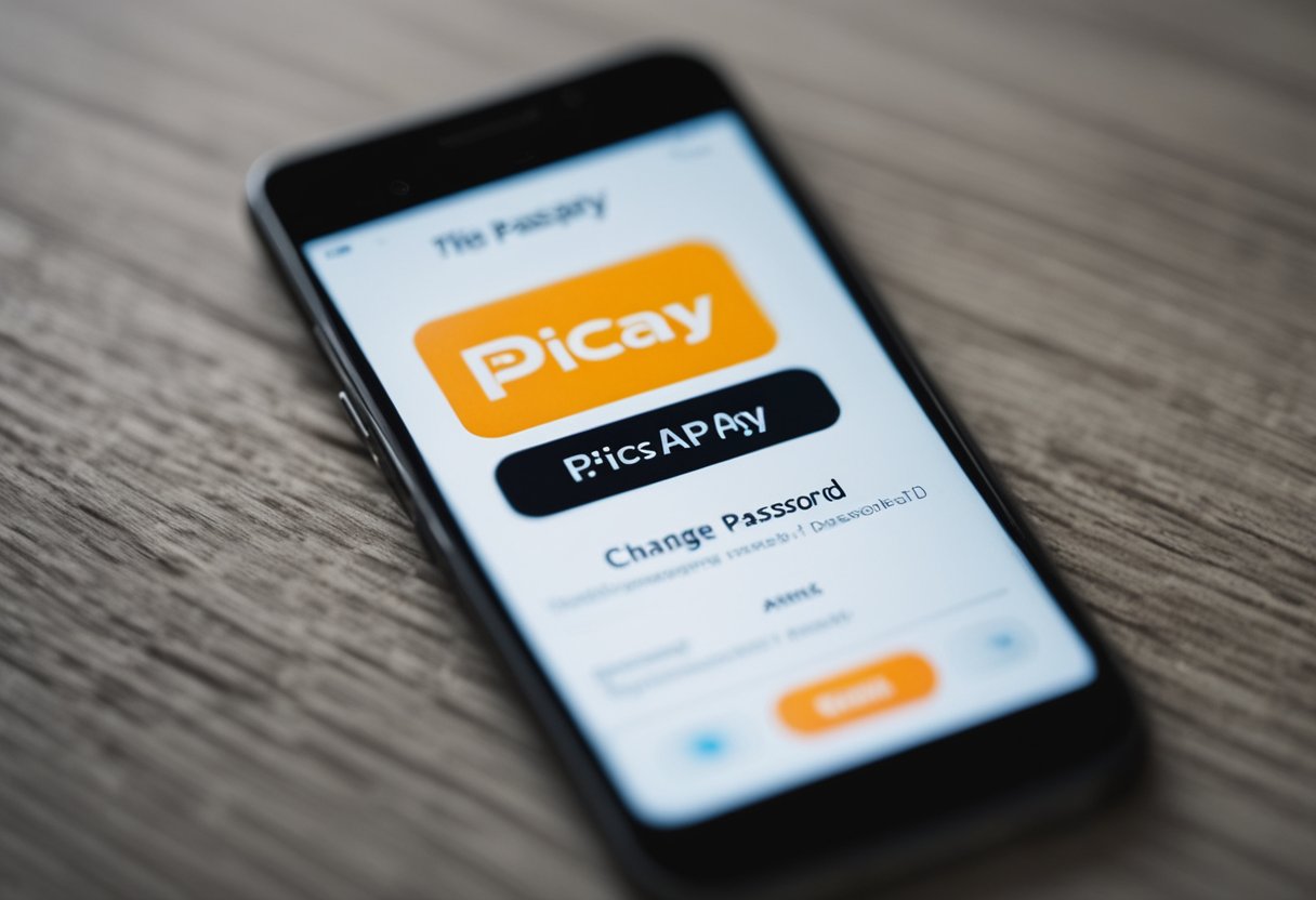 Uma tela de smartphone exibindo o aplicativo PicPay, com a opção "Alterar Senha" selecionada e uma nova senha sendo inserida.