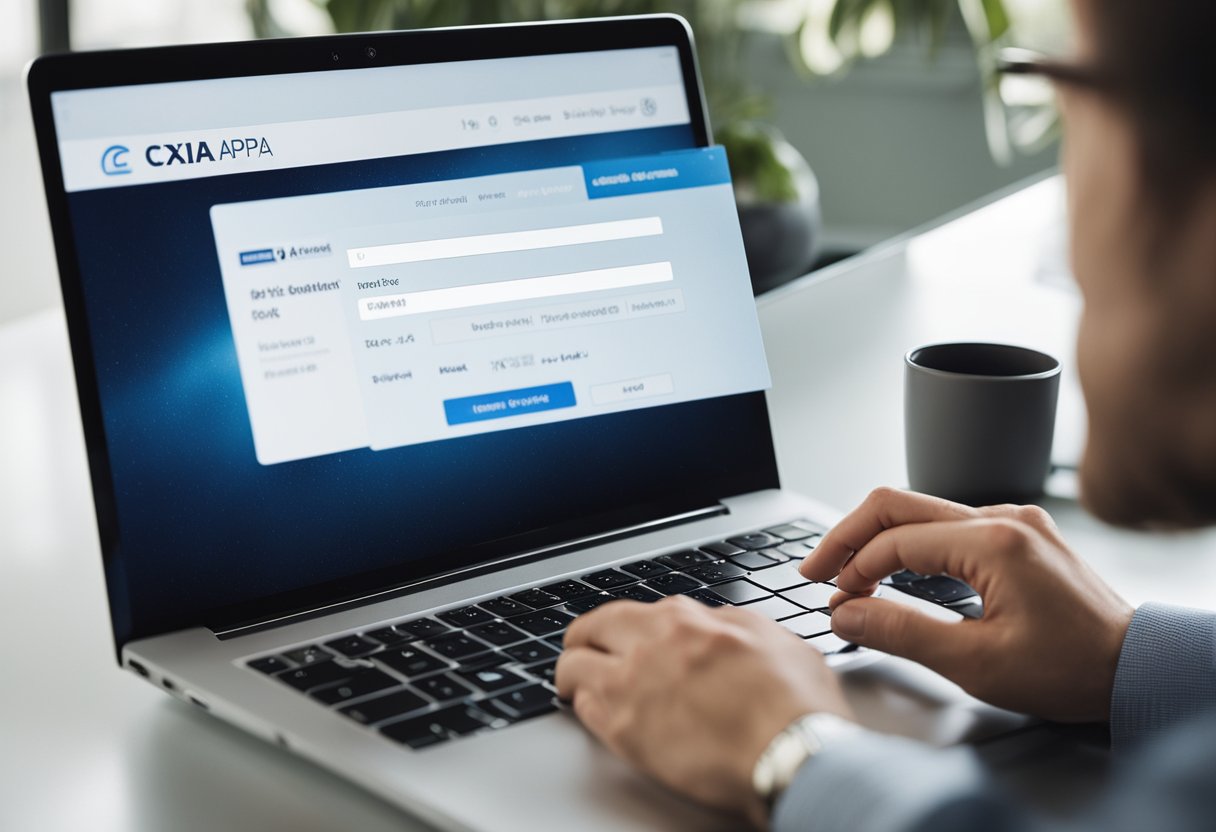 Uma pessoa usando um computador para acessar o aplicativo Caixa Tem, clicando na seção "Perfil" ou "Configurações" e, em seguida, selecionando a opção para alterar seu endereço de e-mail.