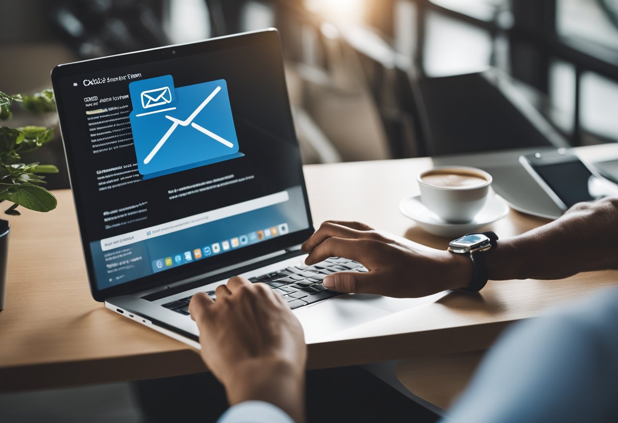 Uma pessoa usando um computador para atualizar seu e-mail no aplicativo Caixa Tem, com um smartphone próximo para referência.