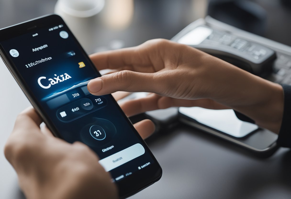 Uma mão segurando um smartphone com o aplicativo Caixa Tem aberto, tocando no ícone de "Configurações" e, em seguida, selecionando a opção "Alterar Número de Telefone".