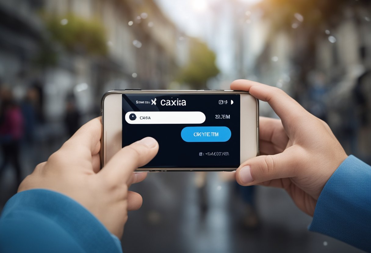 Uma pessoa usando um smartphone para acessar o aplicativo "Caixa Tem", com um novo número de telefone sendo inserido no campo designado.