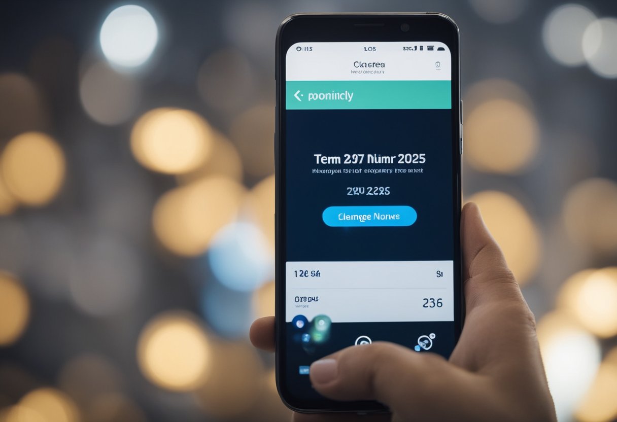 Uma pessoa usando um smartphone para navegar pelo aplicativo Caixa Tem, com foco na tela exibindo o processo de alteração de um número de telefone para o ano de 2025.