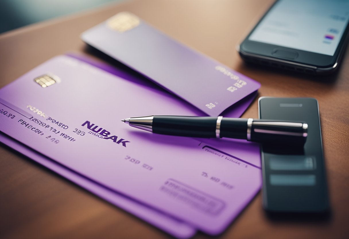 Um cartão Nubank repousando sobre uma mesa, cercado por um smartphone e um pedaço de papel com uma caneta, indicando o processo de alteração da senha do cartão.