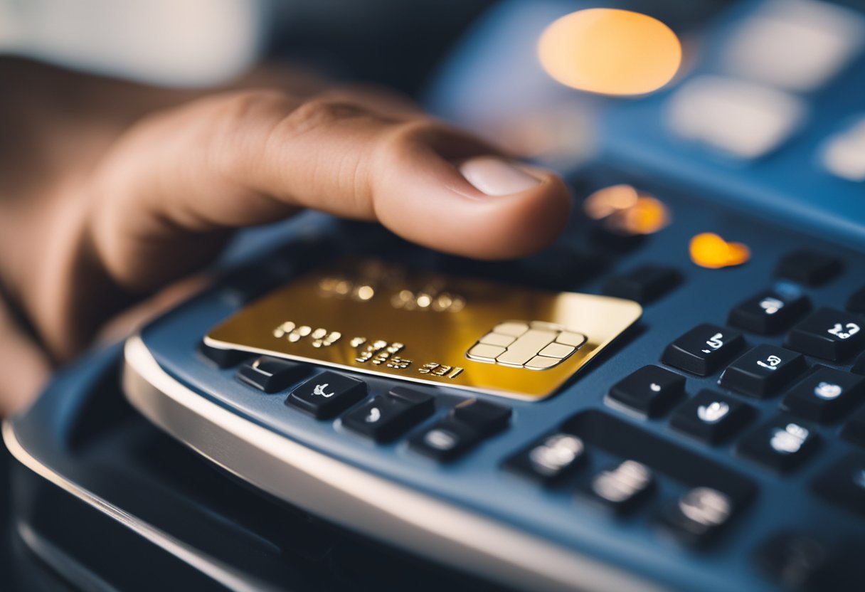 A mão de uma pessoa segurando um cartão de crédito e inserindo um novo PIN em um teclado