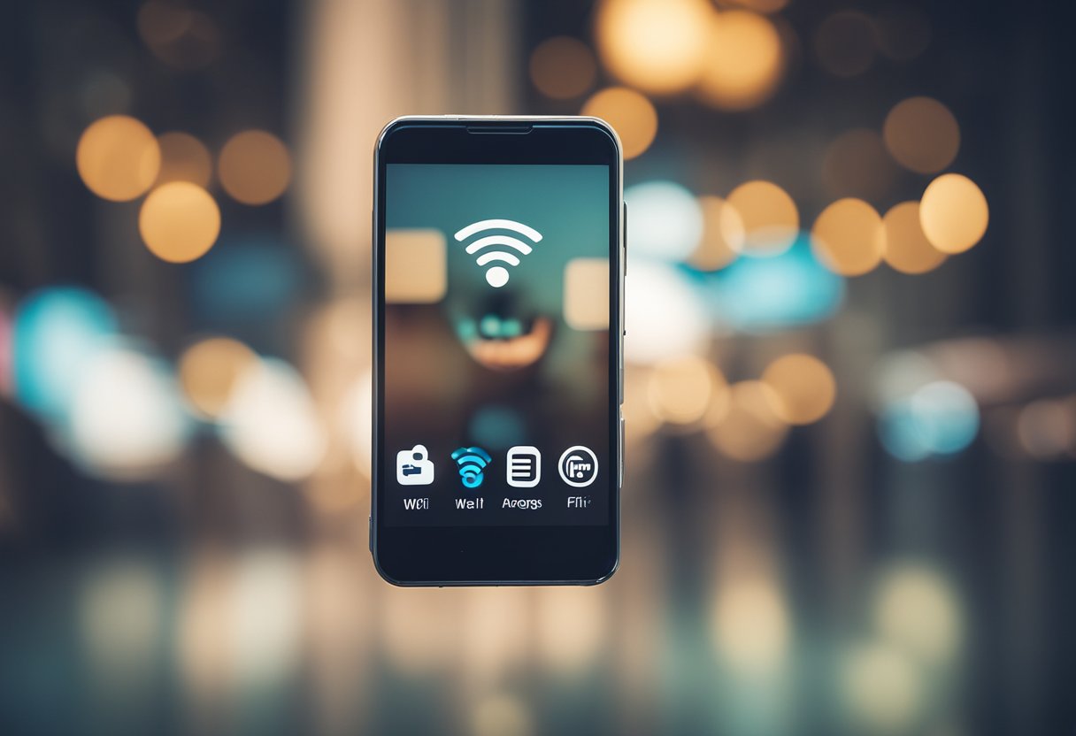 Um smartphone com um símbolo de Wi-Fi e um ícone de mensagem riscado