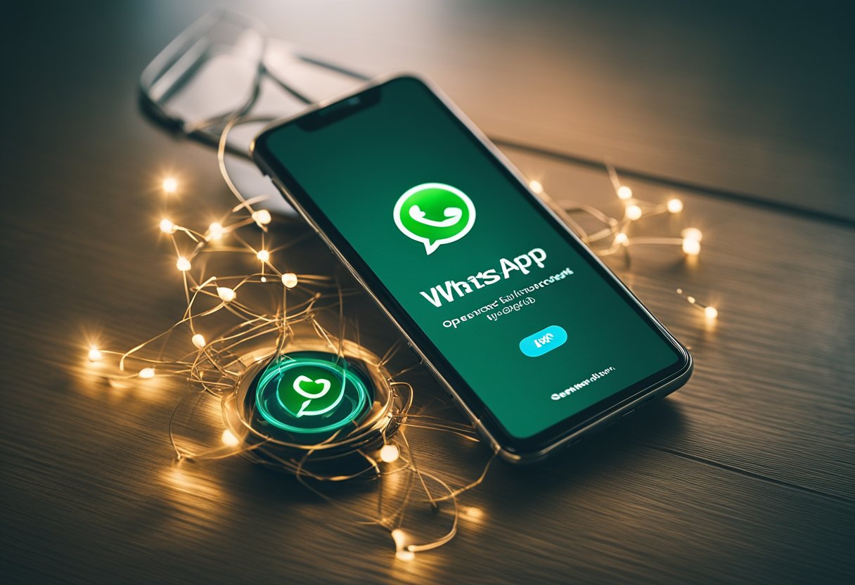 Um smartphone com o aplicativo WhatsApp aberto, ícone de internet riscado e um símbolo de rede desconectada