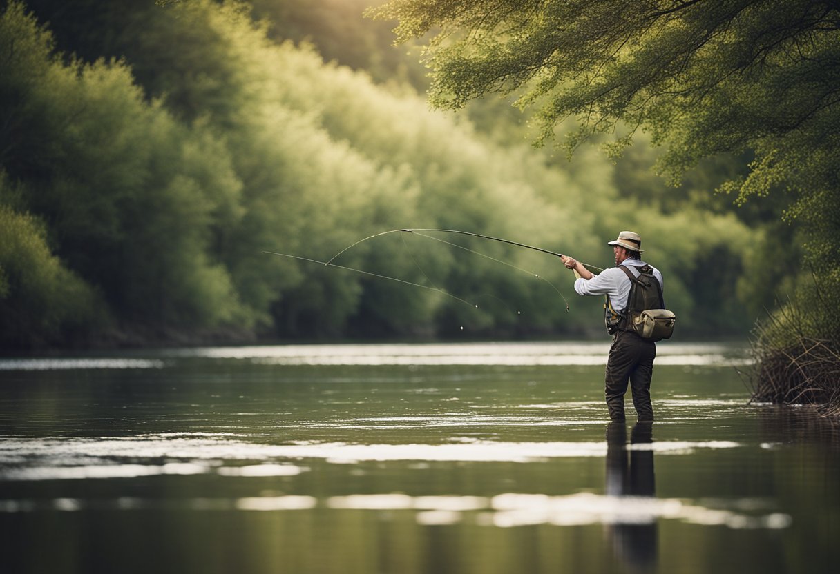 A serene riverbank with a fly fisherman casting a line, showcasing the smooth flow of the running line and the precision of the fly fishing technique