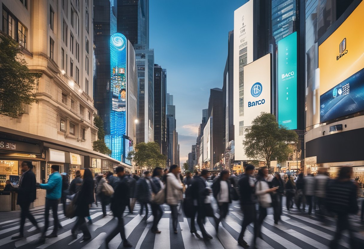 Uma rua movimentada da cidade com pessoas usando smartphones para fazer transações em várias lojas e negócios, enquanto o logo do Banco Inter é exibido de forma proeminente em um outdoor digital nas proximidades.