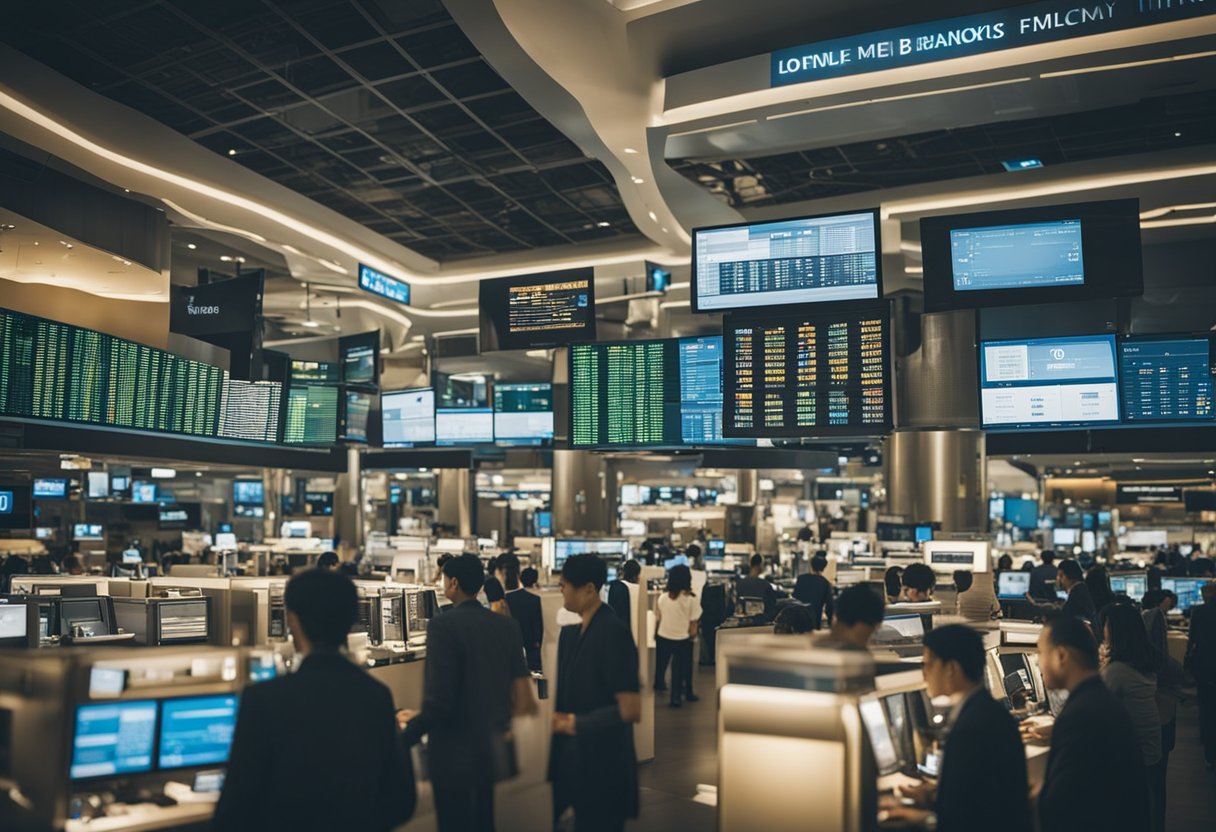 Um mercado digital movimentado com vários serviços financeiros, incluindo banco online, oportunidades de investimento e opções de empréstimo, todos integrados de forma harmoniosa ao modelo de negócios do Banco Inter.