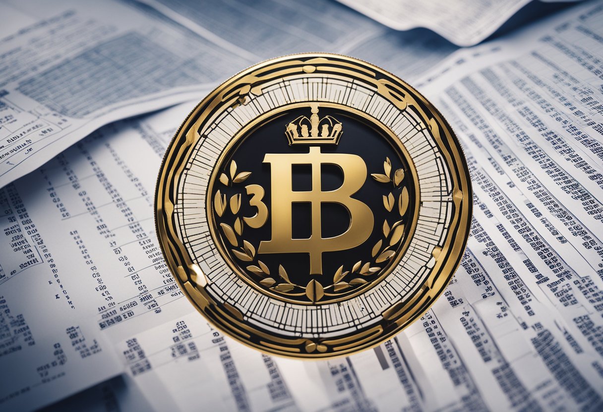 Um logotipo de banco exibido de forma proeminente, com vários símbolos financeiros e gráficos ao seu redor