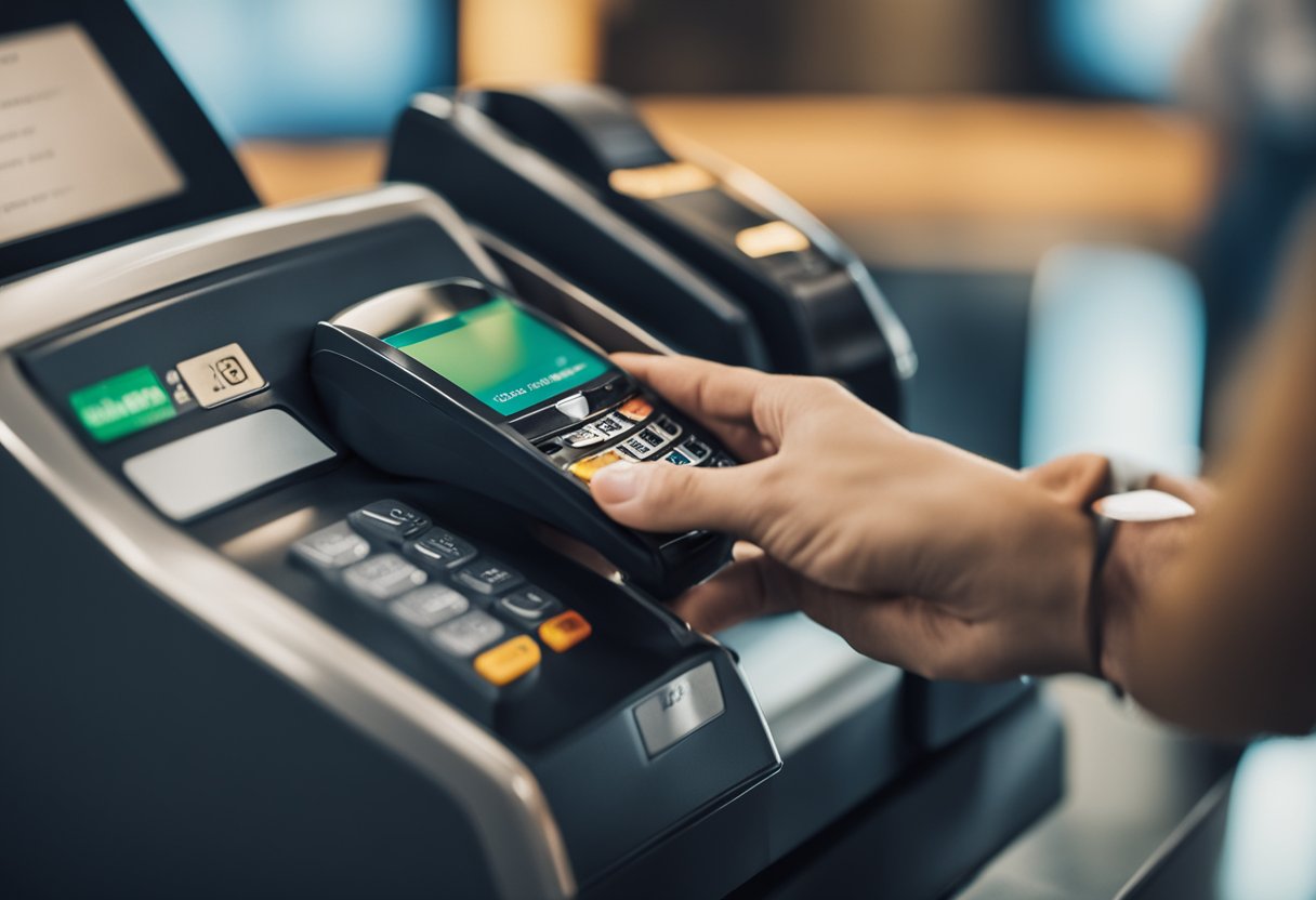 Uma pessoa passando um cartão de débito em um terminal de pagamento para comprar um ingresso