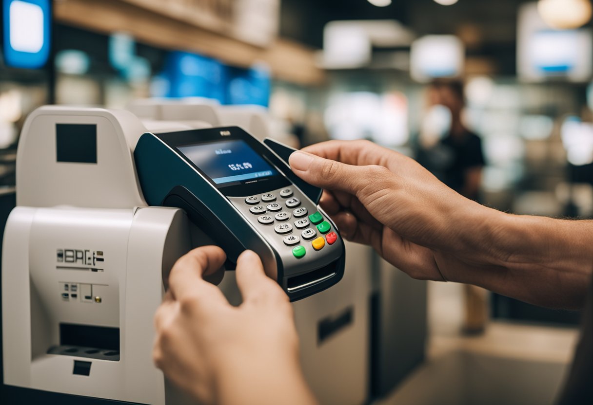 Uma pessoa usando um cartão de débito para pagar um Boleto Bancário em um terminal de pagamento