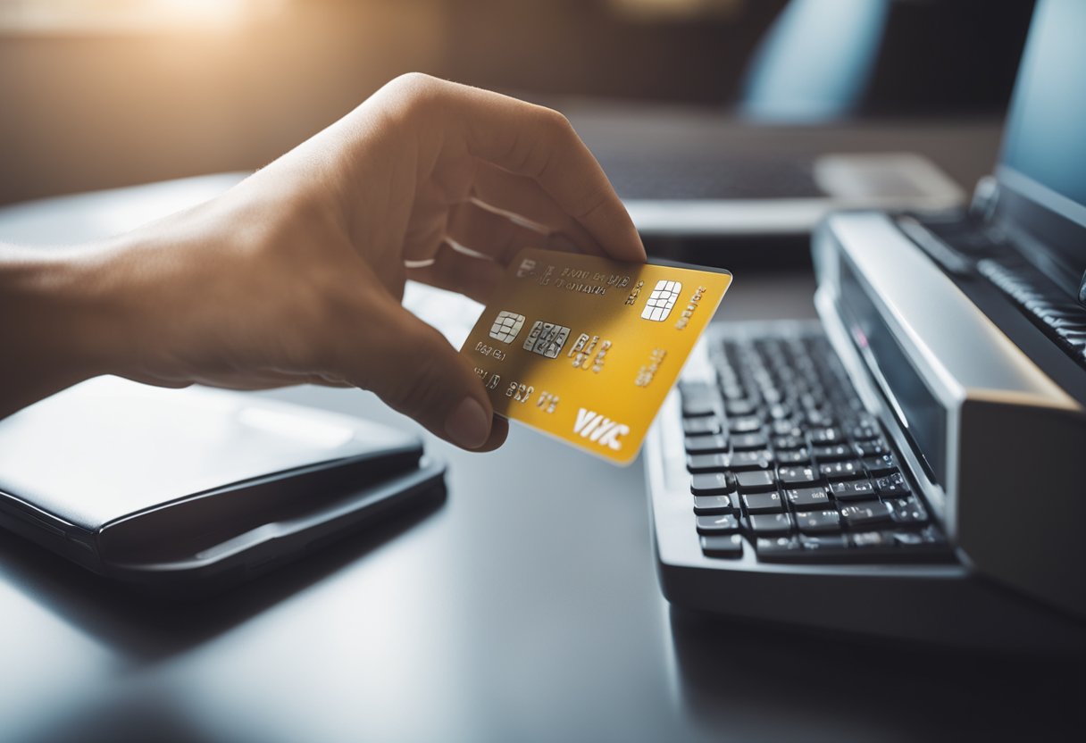 Uma mão segurando um cartão de débito acima de uma tela de computador com um formulário de pagamento de conta aberto, com setas indicando o processo de uso do cartão para pagar a conta.