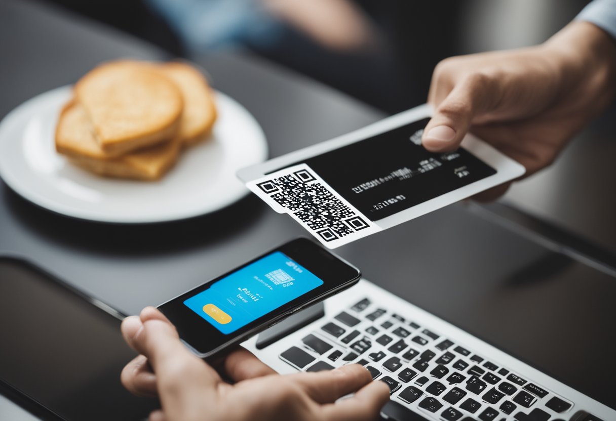 Uma pessoa escaneando um código QR em uma conta com um smartphone, enquanto recebe uma notificação de cashback na tela