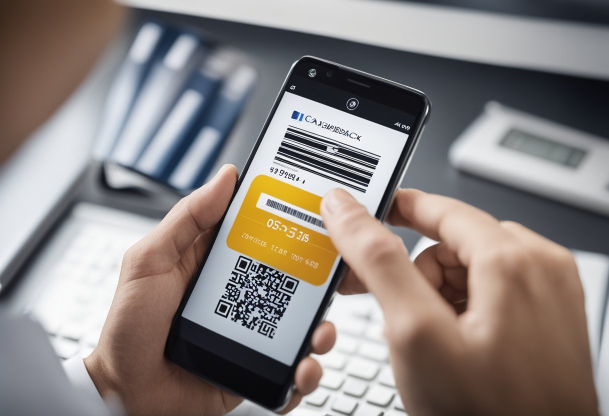 Uma pessoa usando um smartphone para escanear um código de barras em uma conta, com um símbolo de cashback exibido na tela