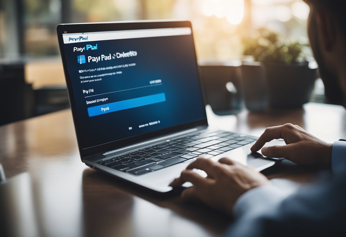 Uma pessoa usando um computador para acessar o site do PayPal e selecionando a opção de pagar um boleto usando sua conta do PayPal