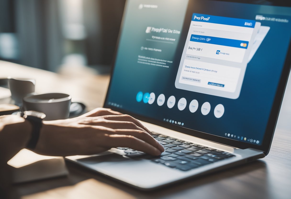 Uma pessoa usando um laptop para acessar sua conta do PayPal e inserindo as informações necessárias para pagar um boleto.
