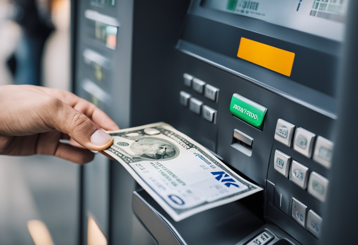 Uma pessoa inserindo uma nota em um caixa eletrônico para pagar uma conta