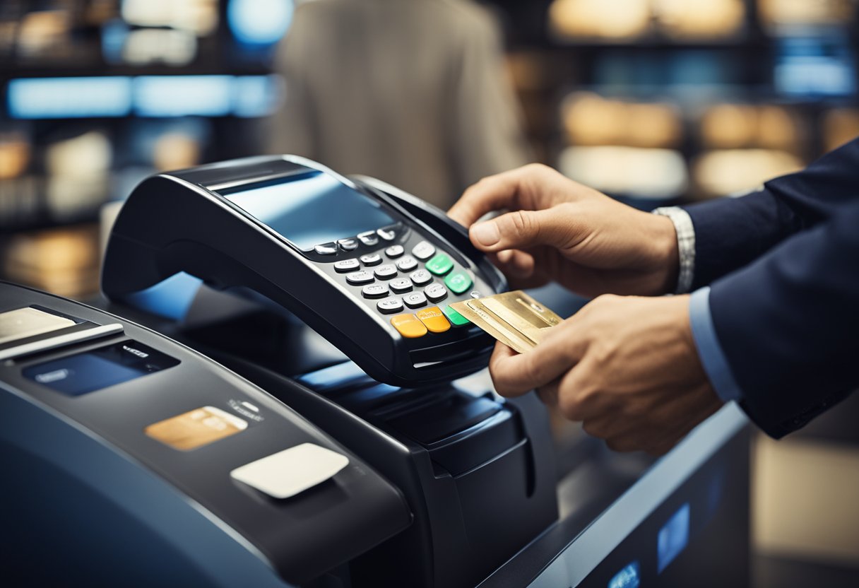 Um cliente em um caixa passando dois cartões de crédito para fazer um pagamento em uma tela digital