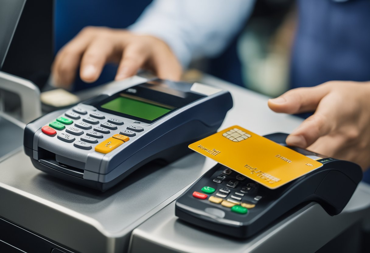 Dois cartões de crédito colocados em um terminal de pagamento em um balcão de checkout em um mercado movimentado