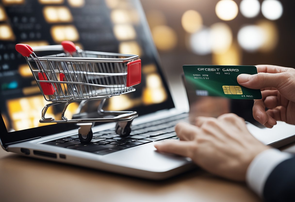 Uma mão segurando dois cartões de crédito sobre uma tela de computador mostrando um carrinho de compras com itens selecionados em um popular mercado online