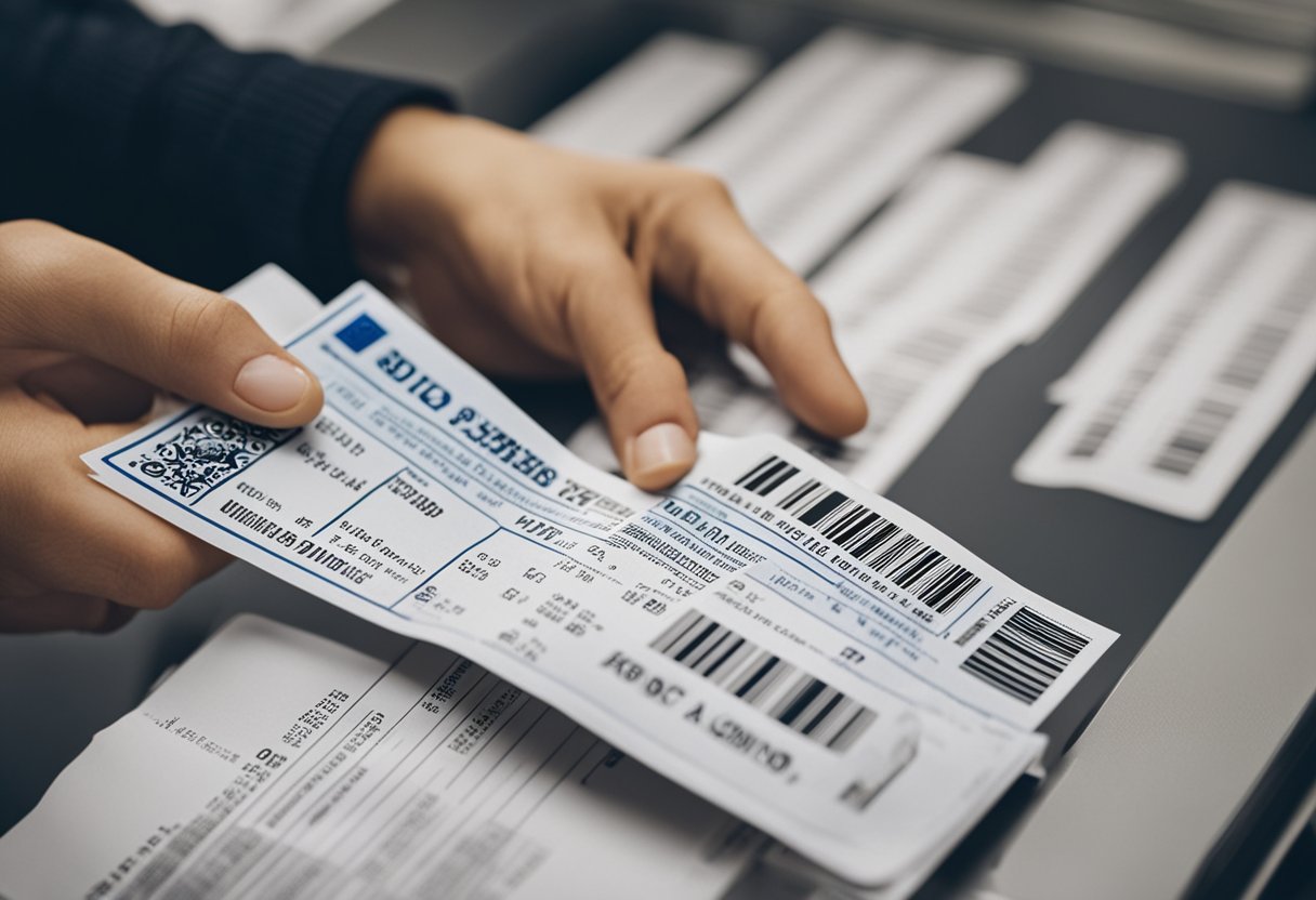 Uma pessoa em uma agência de loteria escaneia o código de barras de uma conta para pagar uma conta.