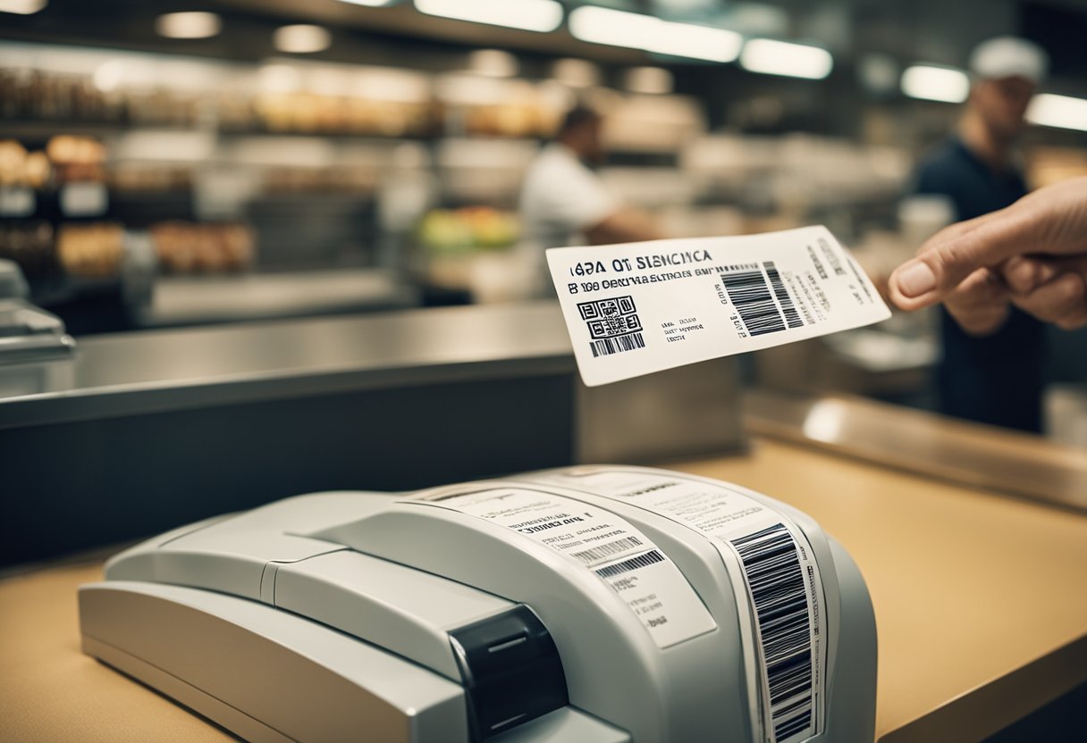 Uma pessoa em pé em um balcão em uma lotérica bem iluminada e movimentada, entregando uma conta com um código de barras ao caixa.