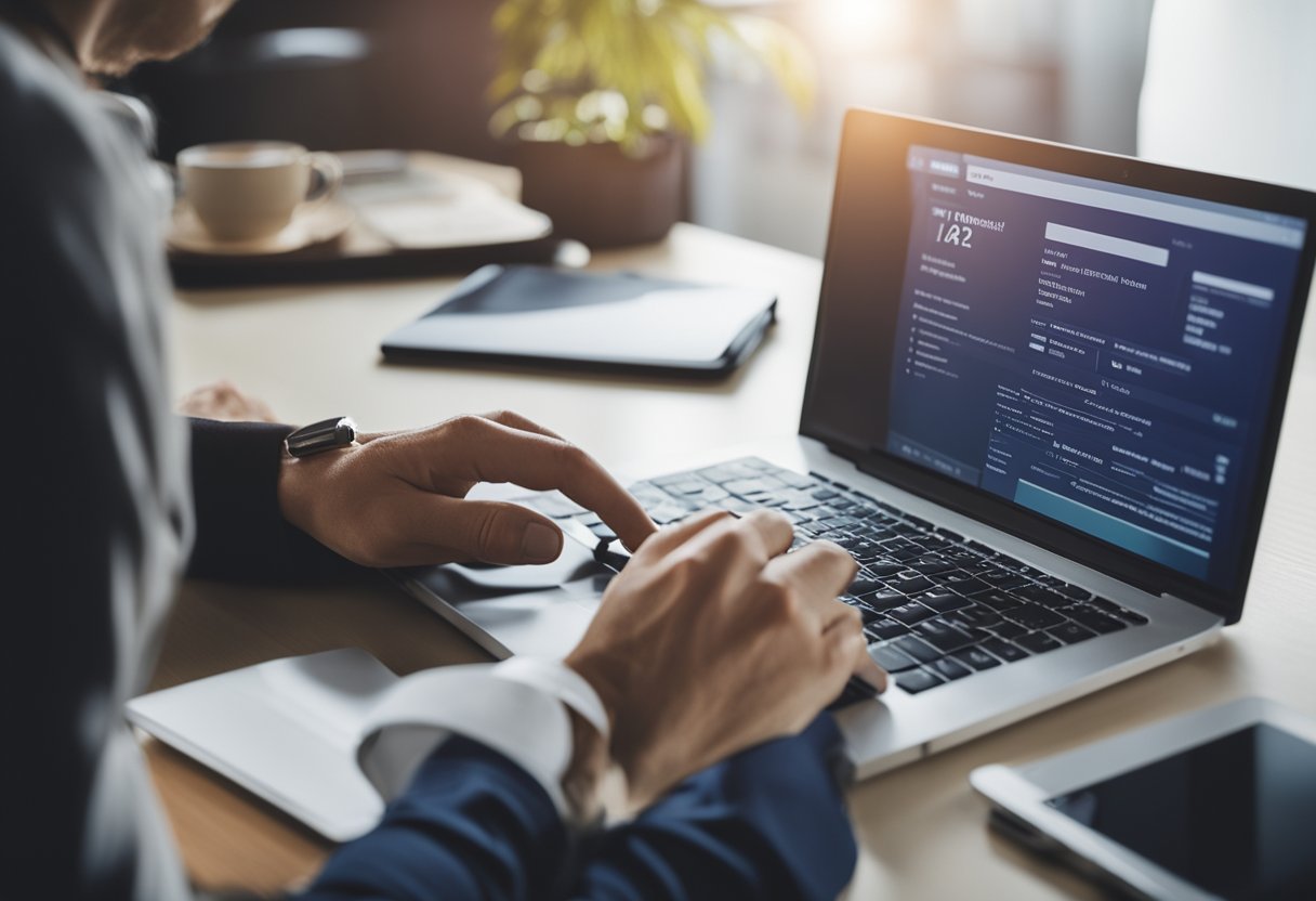 Uma pessoa usando um computador para acessar sua conta do banco Itaú e confirmando o pagamento do formulário de imposto DARF.