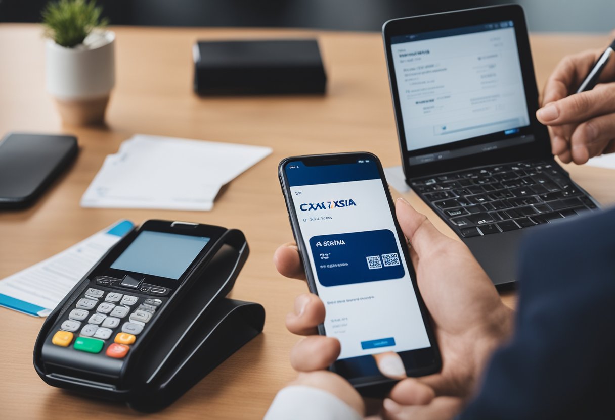 Uma pessoa usando um smartphone para fazer um pagamento no aplicativo Caixa Tem, com um computador e documentos por perto.