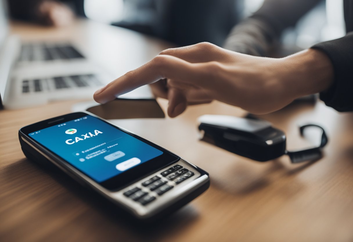 Uma pessoa usando um smartphone para fazer um pagamento pelo aplicativo Caixa Tem, com uma opção de pagamento de empréstimo visível.