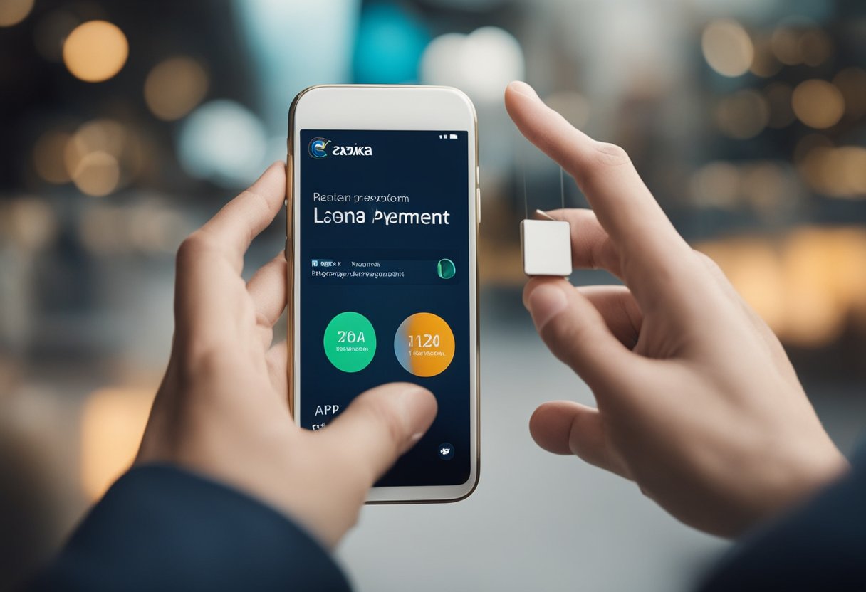 Uma pessoa usando um smartphone para acessar o aplicativo Caixa Tem, selecionando a opção de pagamento de empréstimo e realizando um pagamento usando a interface do aplicativo.