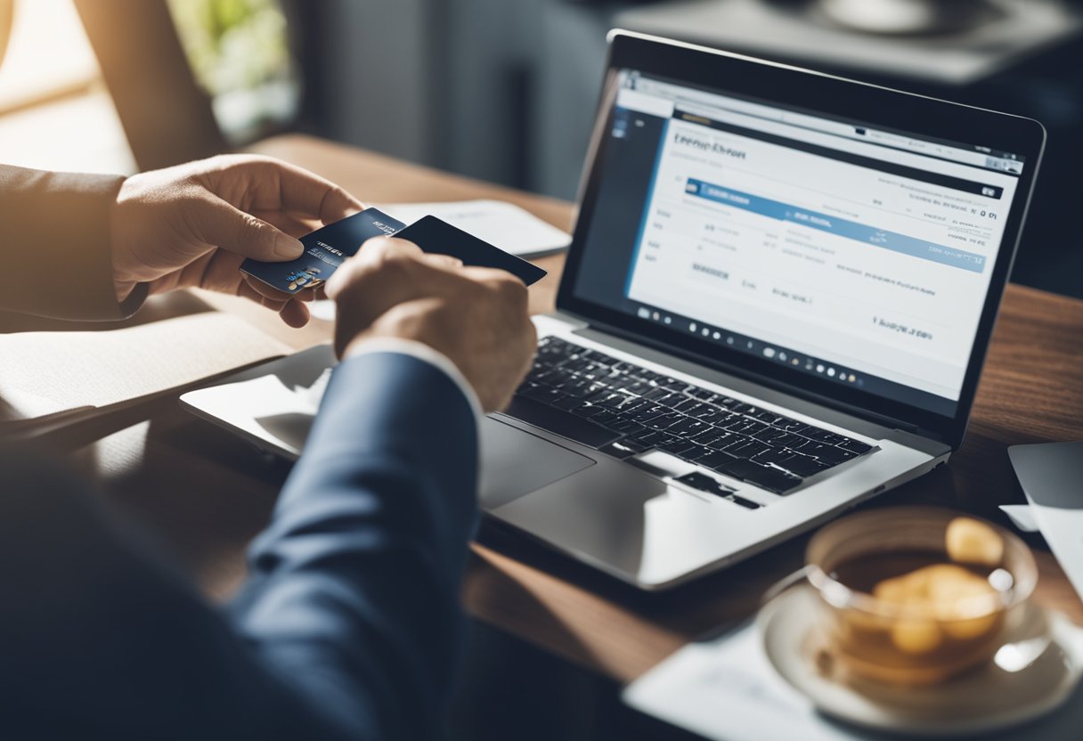 Uma pessoa sentada em uma mesa com um laptop, cartão de crédito e conta, inserindo informações de pagamento online.