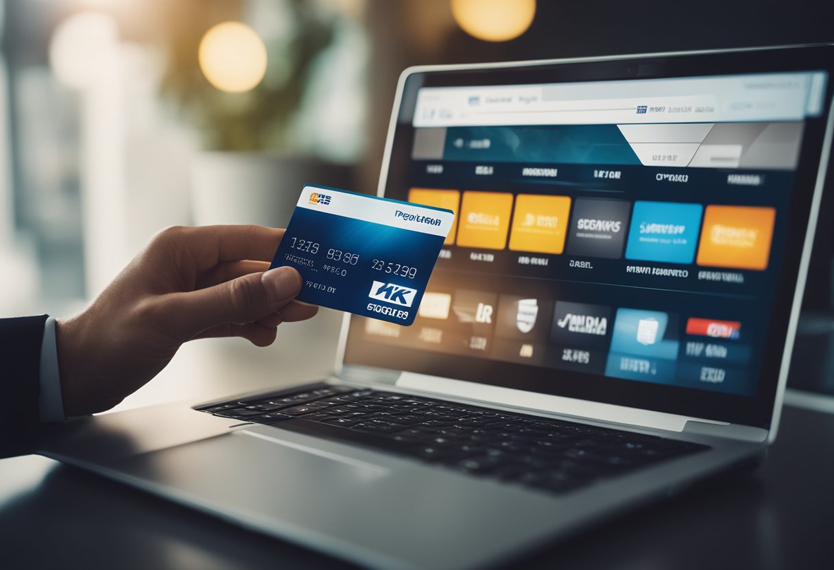 Uma pessoa segurando um cartão de crédito e olhando para uma tela de computador com diferentes opções de pagamento exibidas