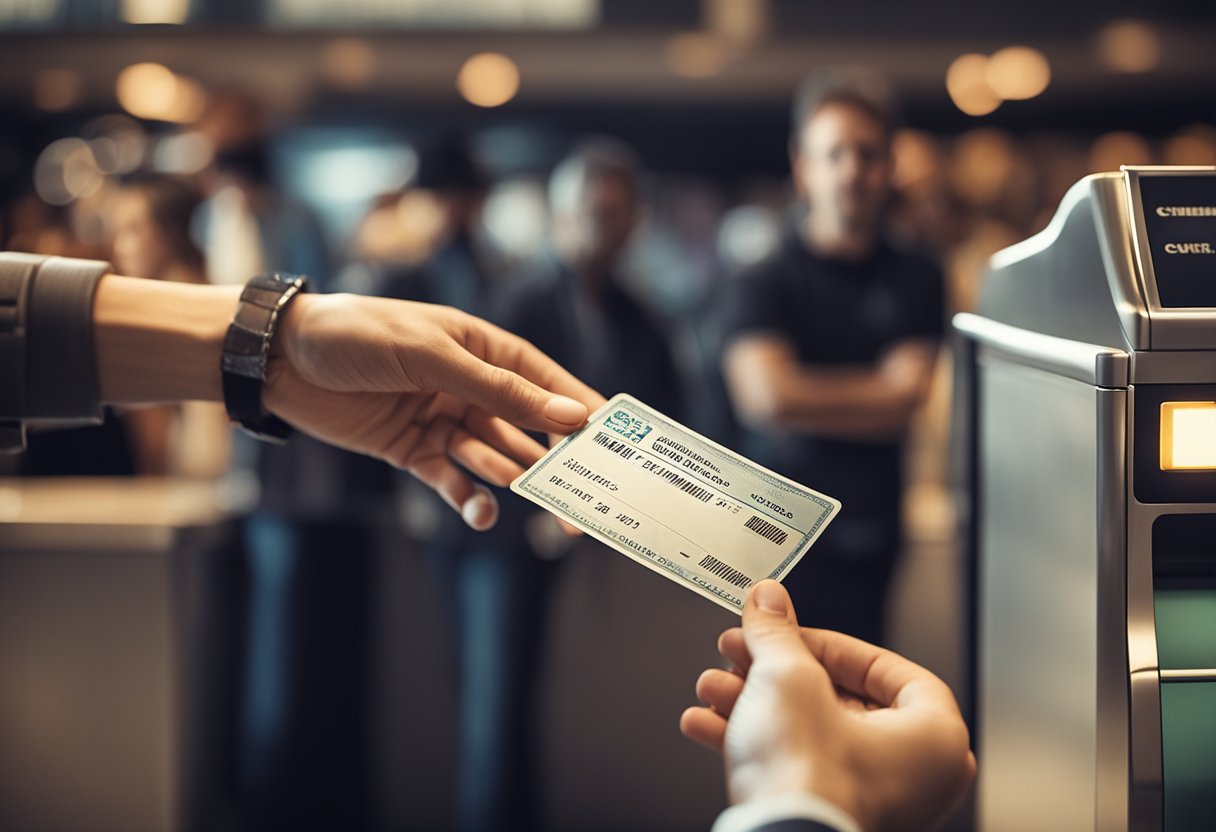 Uma pessoa entregando um documento de identidade válido na bilheteira do cinema, enquanto o caixa aplica um desconto no preço do ingresso.