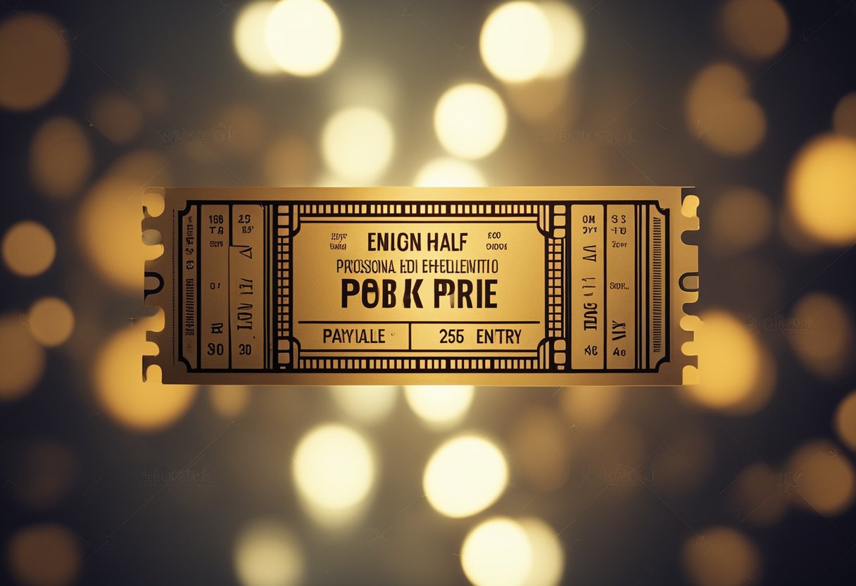 Um ingresso de cinema meio coberto por sombra, com um holofote brilhante iluminando a outra metade, simbolizando o conceito de pagar metade do preço pela entrada.