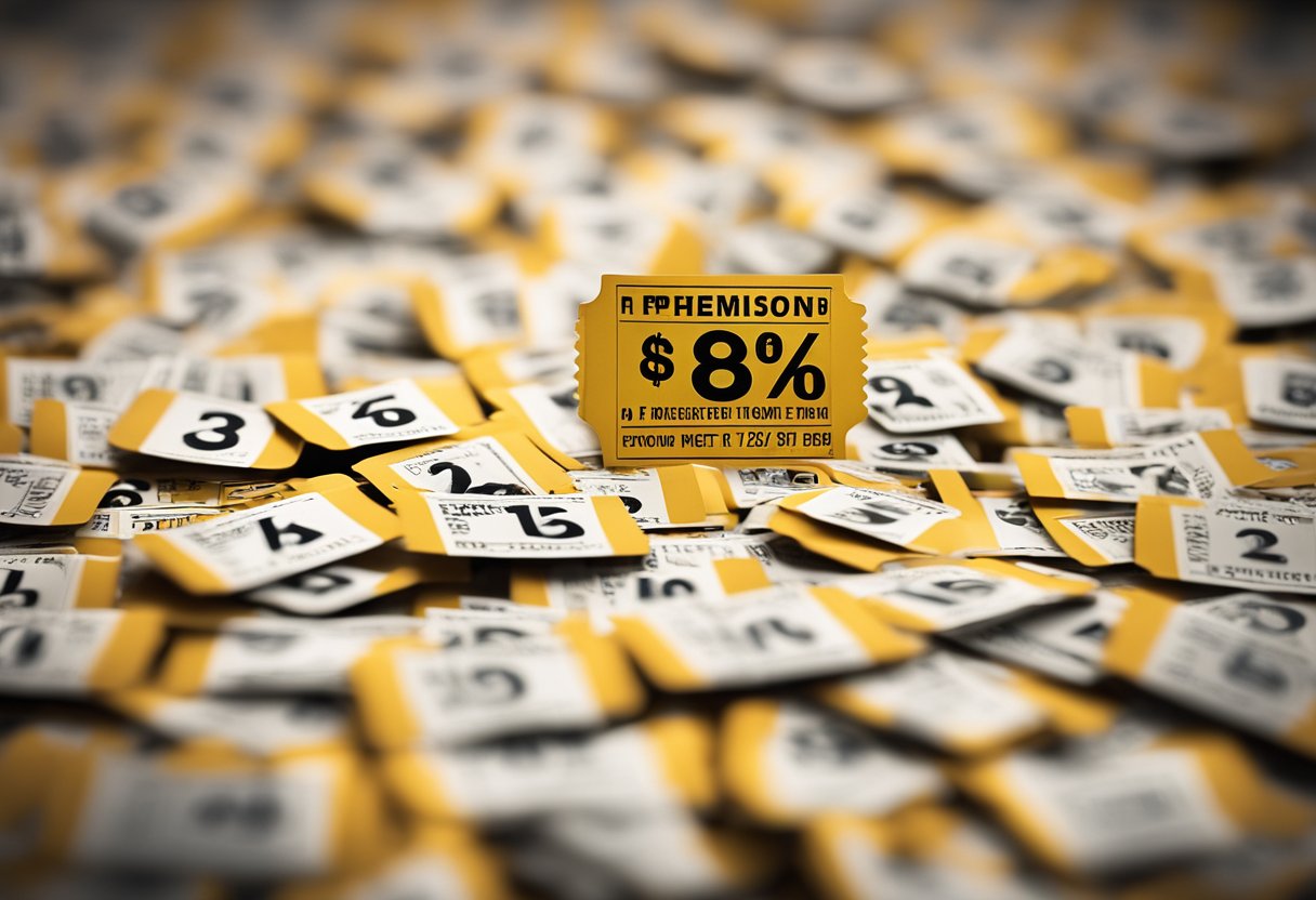 Um ingresso de cinema com um símbolo de meia-entrada exibido em destaque na bilheteira, cercado por uma multidão de cinéfilos diversos.