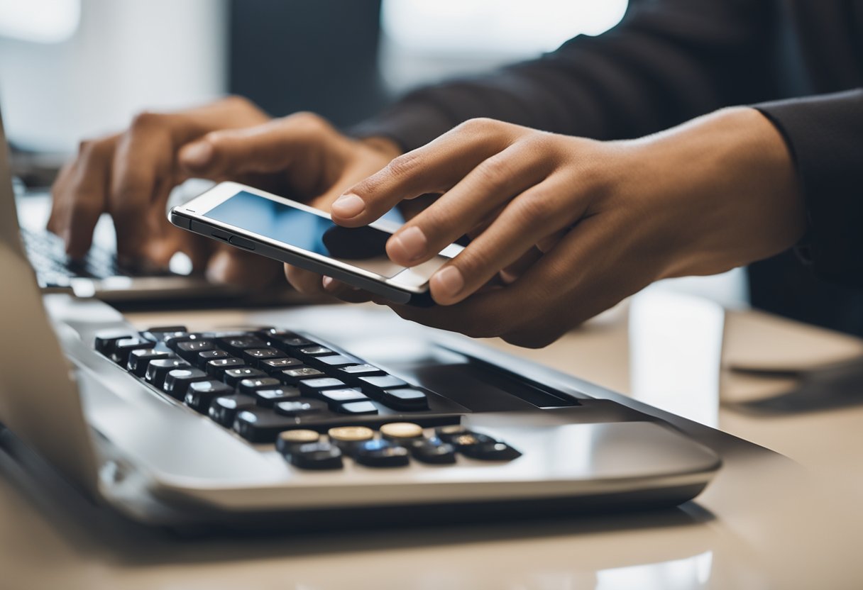 Uma pessoa usando um smartphone para fazer um pagamento no empréstimo do Caixa Tem, com um computador e documentos próximos.