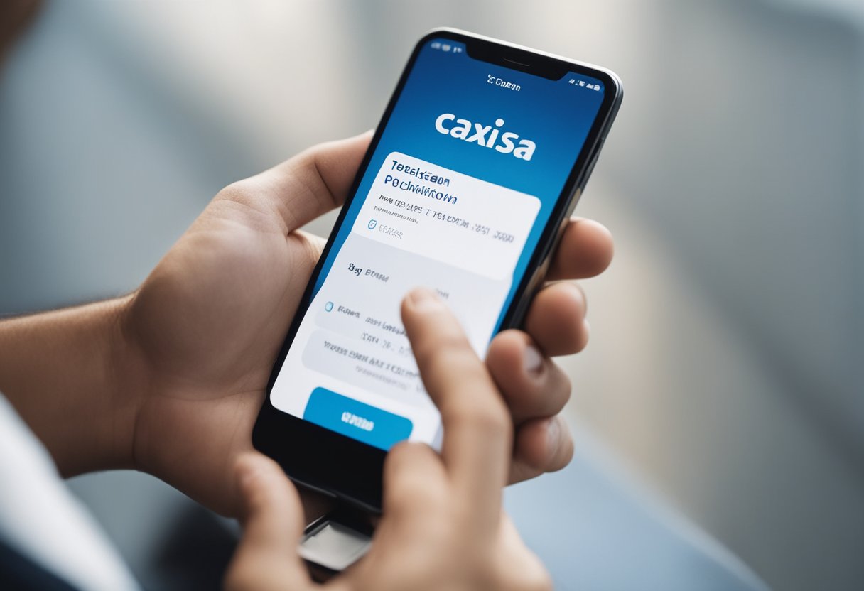 Uma pessoa usando um smartphone para acessar o aplicativo Caixa Tem, com uma tela de pagamento de um empréstimo do Caixa Tem visível na tela do dispositivo.