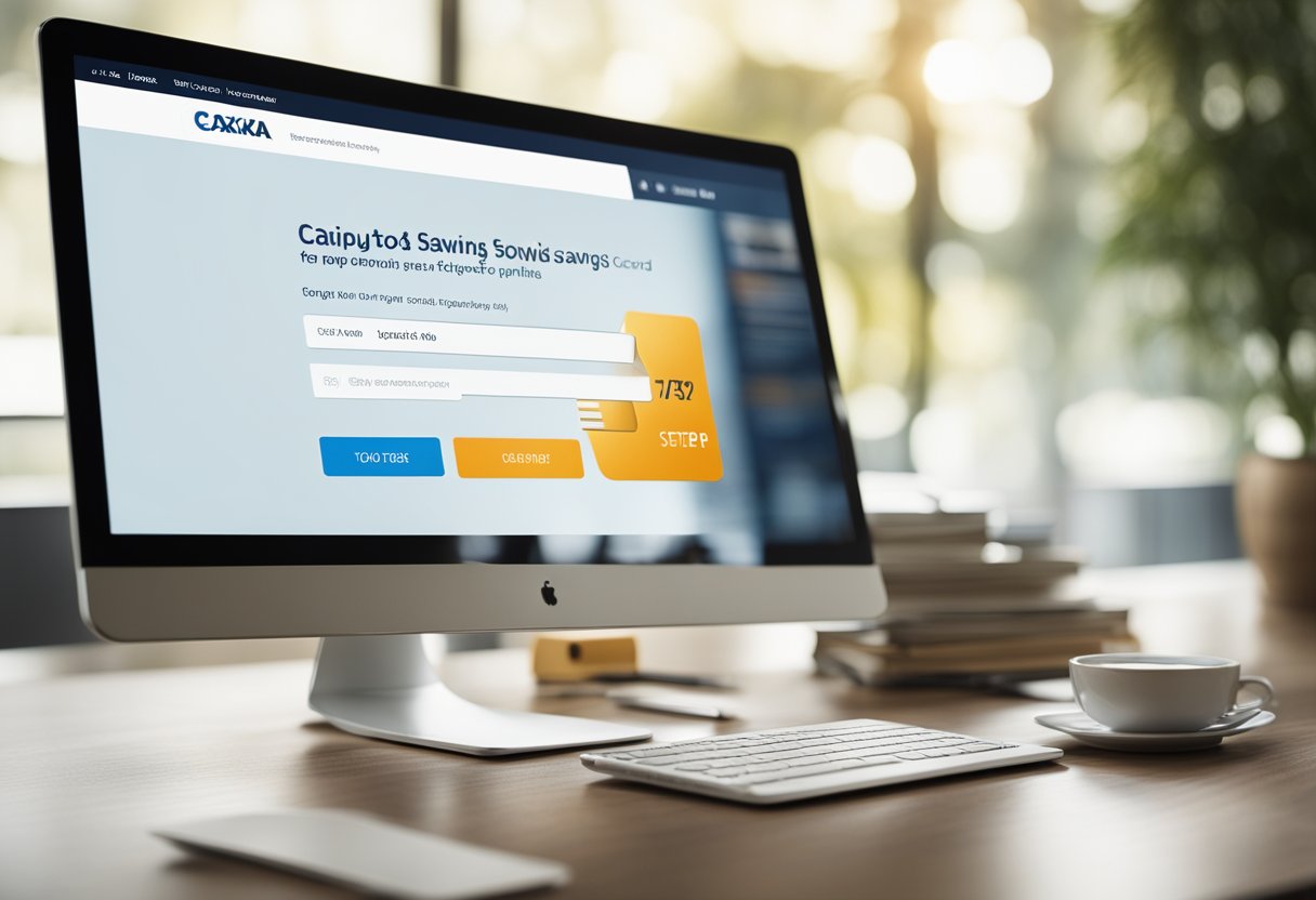 Uma tela de computador exibindo o site da Caixa com um guia passo a passo para solicitar um cartão de poupança online.