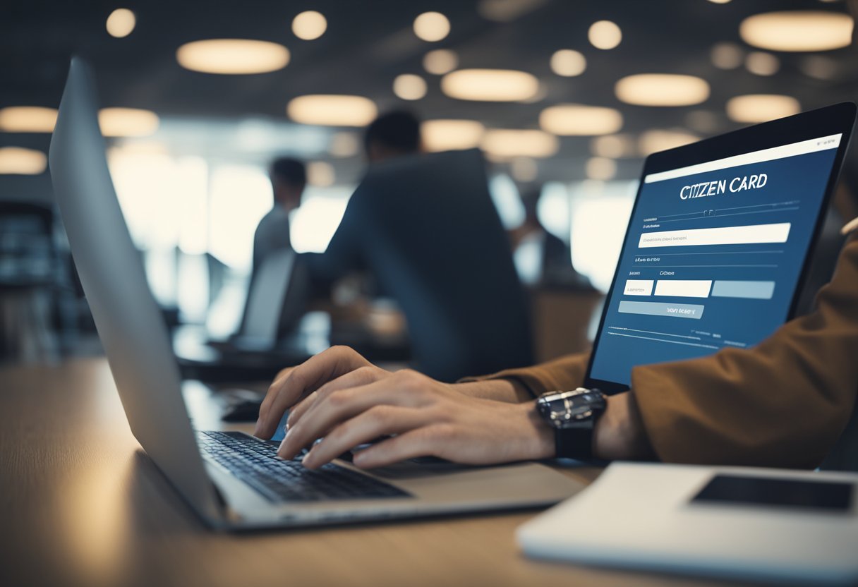 Uma pessoa sentada em um computador, preenchendo um formulário online para solicitar um cartão de cidadão