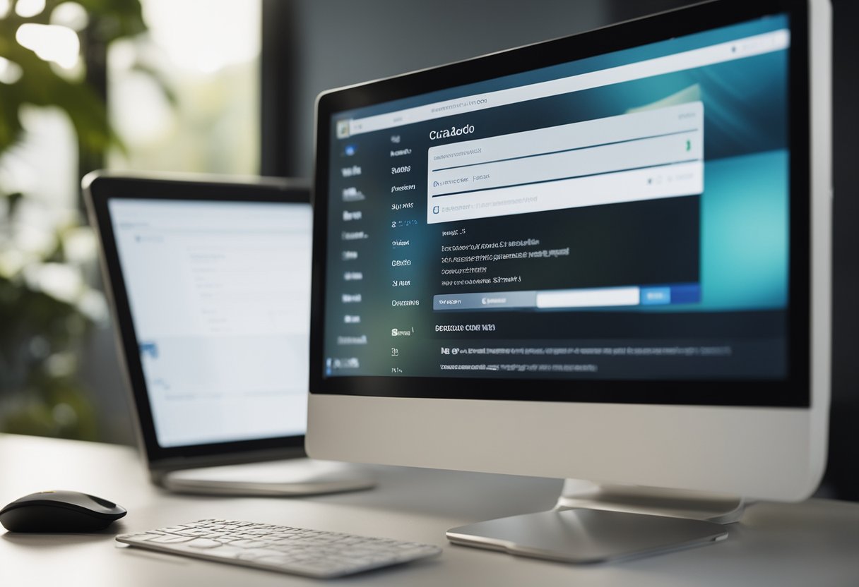 Uma tela de computador com um navegador da web aberto no site do governo para solicitar o Cartão Cidadão Online. A mão de uma pessoa usando um mouse para navegar no site.