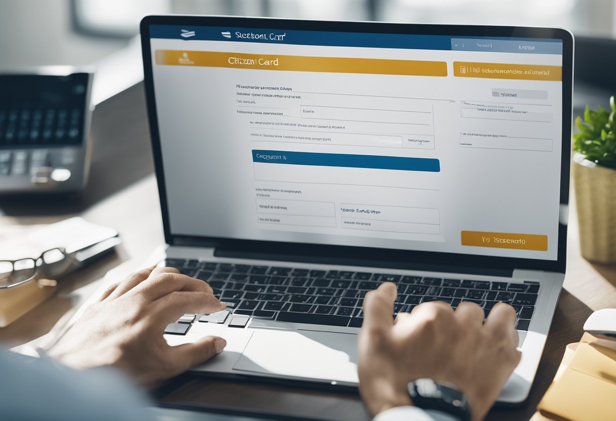Uma pessoa sentada em um computador, preenchendo um formulário online para solicitar um cartão de cidadão, com um ID digital e um login seguro.