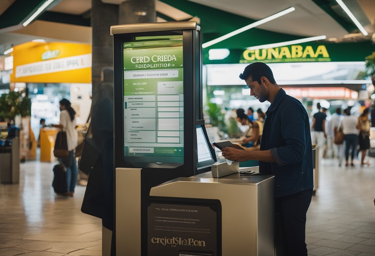 Uma pessoa preenchendo um formulário de solicitação de cartão de crédito em um quiosque do Cartão Guanabara, com um representante a assistindo.