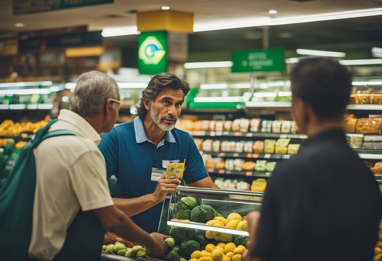 Um cliente em um supermercado Guanabara pede um Cartão Guanabara no caixa.